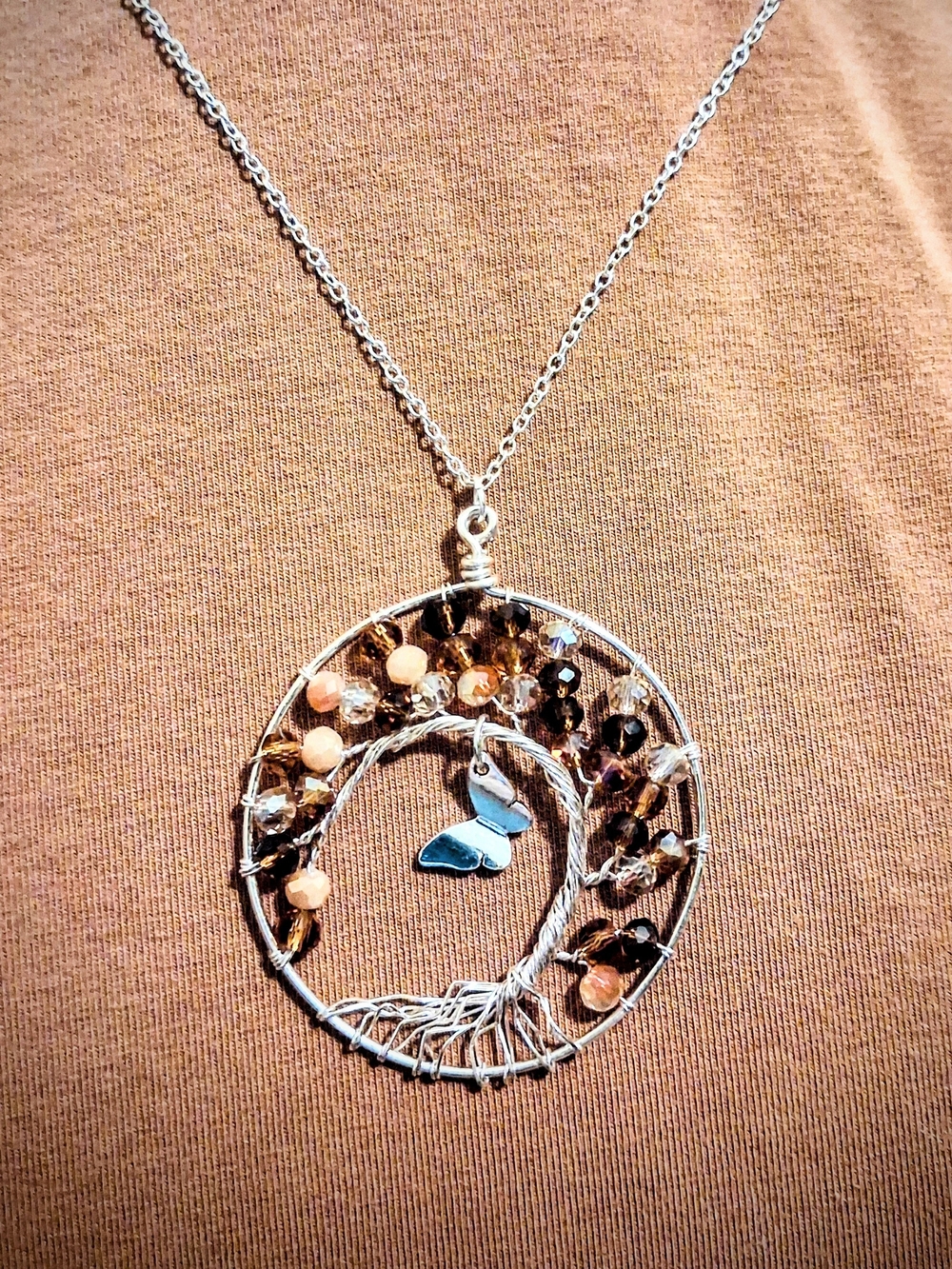 Silver Tree of Life Pendant Necklace with Brown, Peach, and Amber Beads